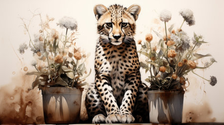 Cheetah sitting on the table with flowers.の素材