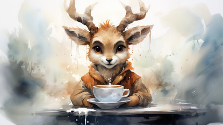 Cute deer with a cup of coffee in his hand.の素材