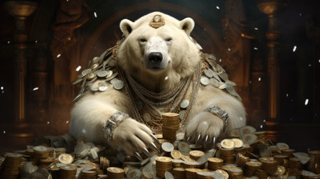 Polar bear sitting on a pile of gold coinsの素材