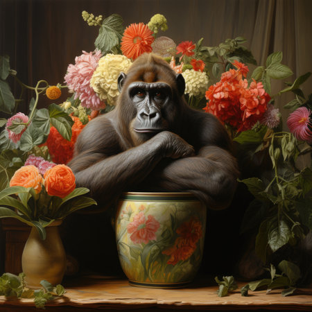 Gorilla sitting in a vase with flowers on a wooden tableの素材