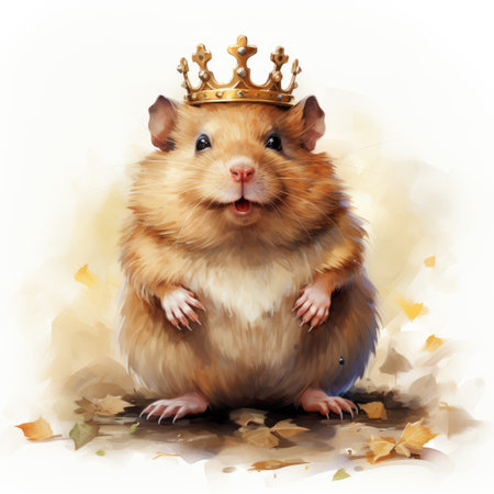 Hamster in a golden crown on a white background.の素材