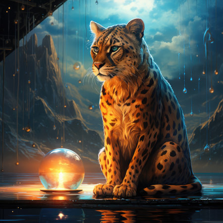 Leopard with crystal ball on the background of mountains and sky.の素材