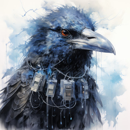 a raven with wires in its beak against a blue skyの素材