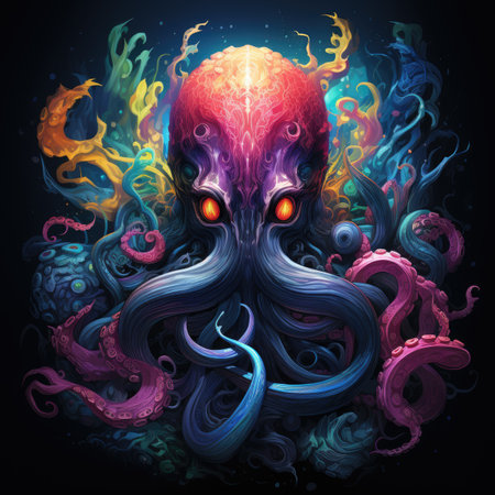 Octopus with fire and smoke on dark backgroundの素材