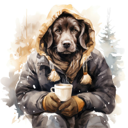 Cute dog in winter coat with a cup of coffee. Digital watercolor paintingの素材