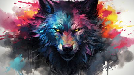 a wolf head with colorful splashes on white backgroundの素材