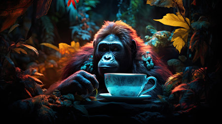 Gorilla with a cup of coffee in the jungle.の素材