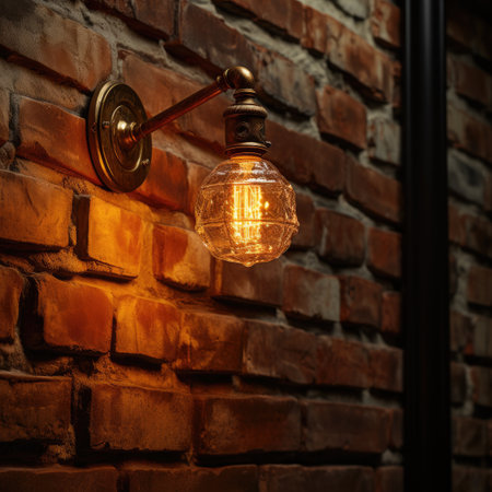 Vintage light bulb hanging on a brick wall. Retro style.の素材