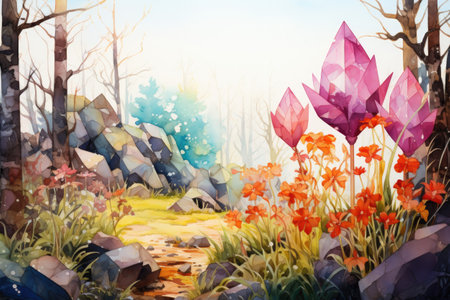 a fantasy landscape with flowers and trees in the foregroundの素材
