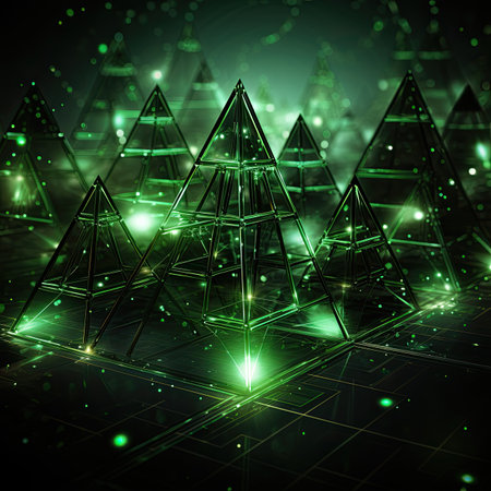 pyramids in space with green lights in backgroundの素材
