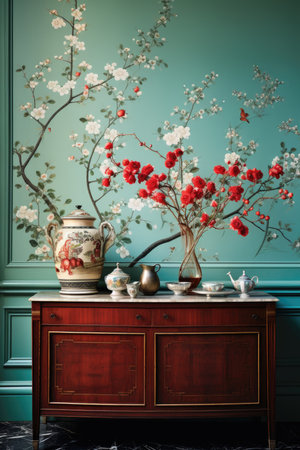Vintage furniture in classic interior with cherry blossom flowers.の素材