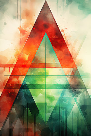Abstract colorful background with triangles and watercolor stains.の素材