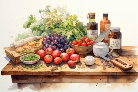 Still life with fresh vegetables and herbs on a wooden table. Vintage painting style.の素材
