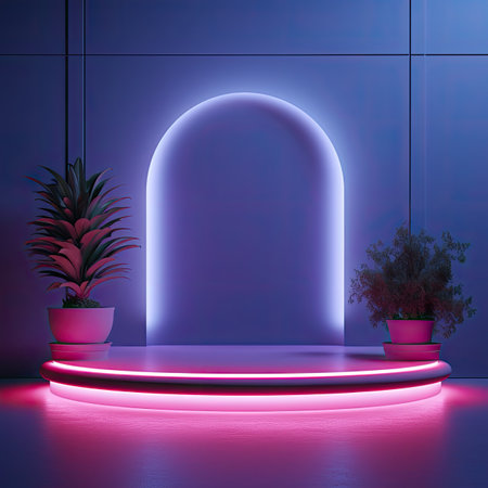 Neon podium in blue interior.の素材