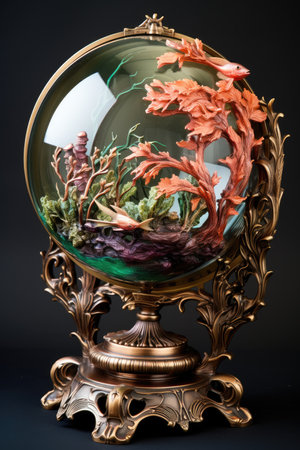Antique glass globe with flowers and plants on a black background.の素材