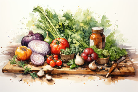 Watercolor vegetables and spices on a wooden board. Illustrationの素材