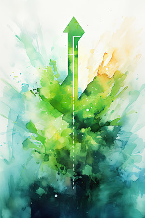 Watercolor green arrow on abstract watercolor background.の素材