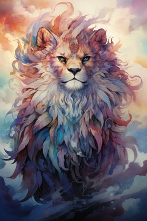 Watercolor lion in the sky.の素材