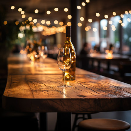 Wine glass on wooden table in restaurant, bokeh backgroundの素材