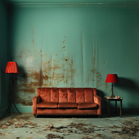 Interior of a living room with a red sofa and a lampの素材