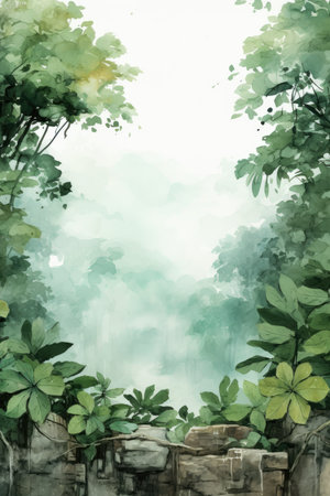 Watercolor green leaves and treesの素材