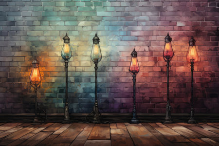 Lanterns on a brick wall background.の素材