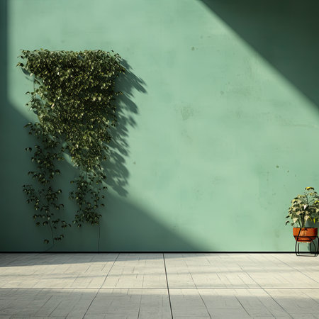 Green wall with ivy plant in pot.の素材