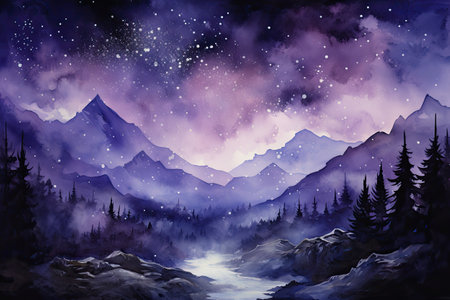 Watercolor Mountain landscape. Night sky with stars.の素材