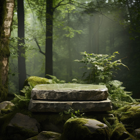 Stone platform in the forest with foggy backgroundの素材