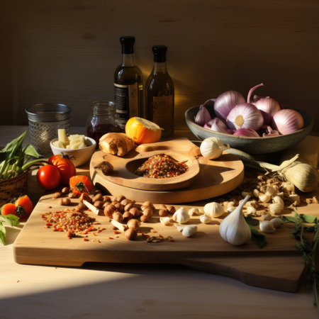Vegetables and spices on a wooden table in the kitchen.の素材