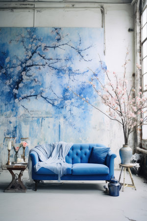 Blue sofa in living room with blue wall and flowers on the wallの素材