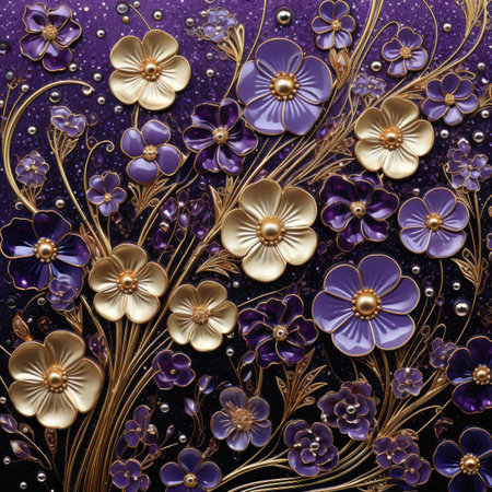 abstract floral background with gold and purple flowers and pearls.の素材