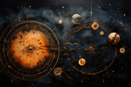 Planets and galaxy in space, computer collage.の素材