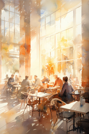 People in a restaurant at sunset.の素材