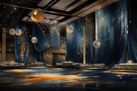 a stage in a theater with gold and blue curtainsの素材