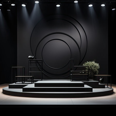 black podium with round stage and spotlights on itの素材
