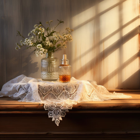 Still life with perfume bottles, flowers and lace on the windowsillの素材