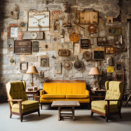 Interior of a room with yellow sofa and armchairs in vintage styleの素材
