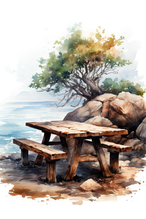 Watercolor Wooden table and chair on the beach.の素材