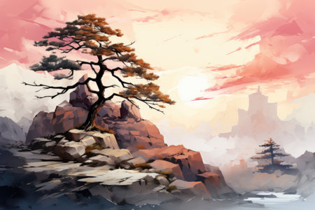 Pine tree on the rock in the sunset.の素材