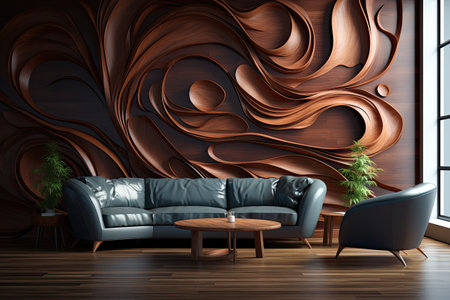 Interior of modern living room with wooden walls, wooden floor, brown sofa and round coffee table.の素材