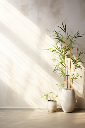 Houseplants in pots on floor near light wall. Interior designの素材