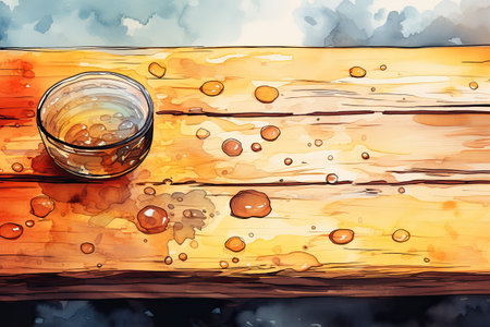 Watercolor glass of whisky on a wooden background.の素材