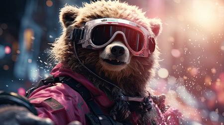 Close-up portrait of a bear wearing a ski helmet and goggles.の素材