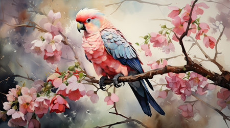 Watercolor parrot sitting on a branch with pink flowersの素材