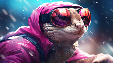 Portrait of an animal wearing a pink raincoat and sunglasses.の素材