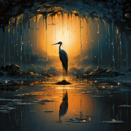 Fantasy landscape with a stork in the water.の素材