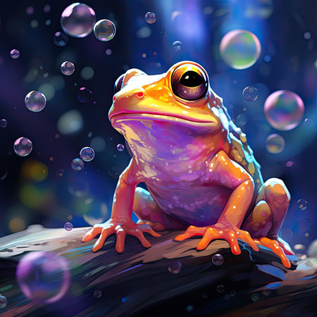 a colorful cartoon frog on a dark background with bubblesの素材
