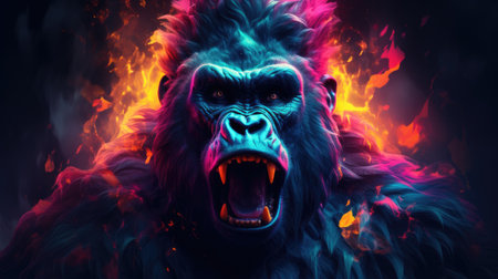 Angry gorilla screaming in fire flames. Horror concept.の素材