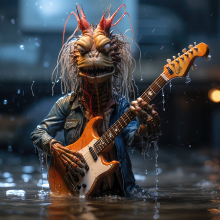 A closeup shot of a monster playing the guitar under the rainの素材